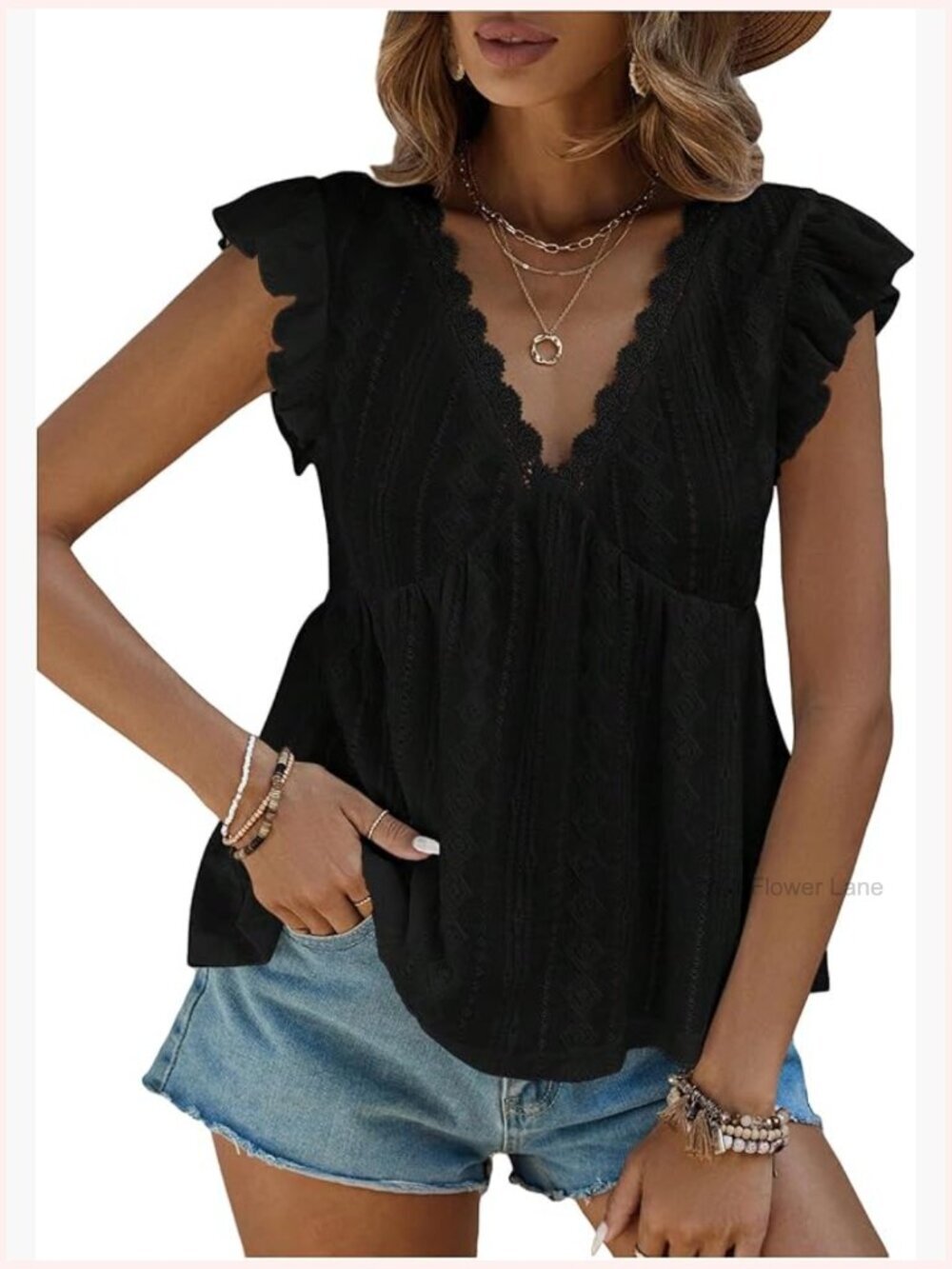 Lace Trim V Neck Ruffled Sleeve Flared Eyelet Tank Blouse Top
